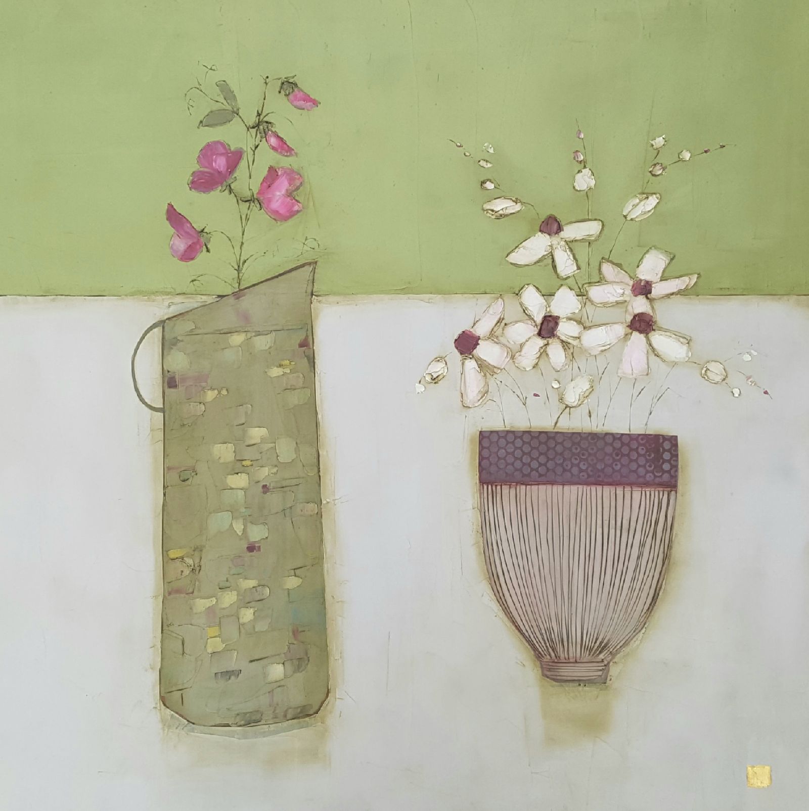 Eithne  Roberts - Sweetpea and Anemona on Green