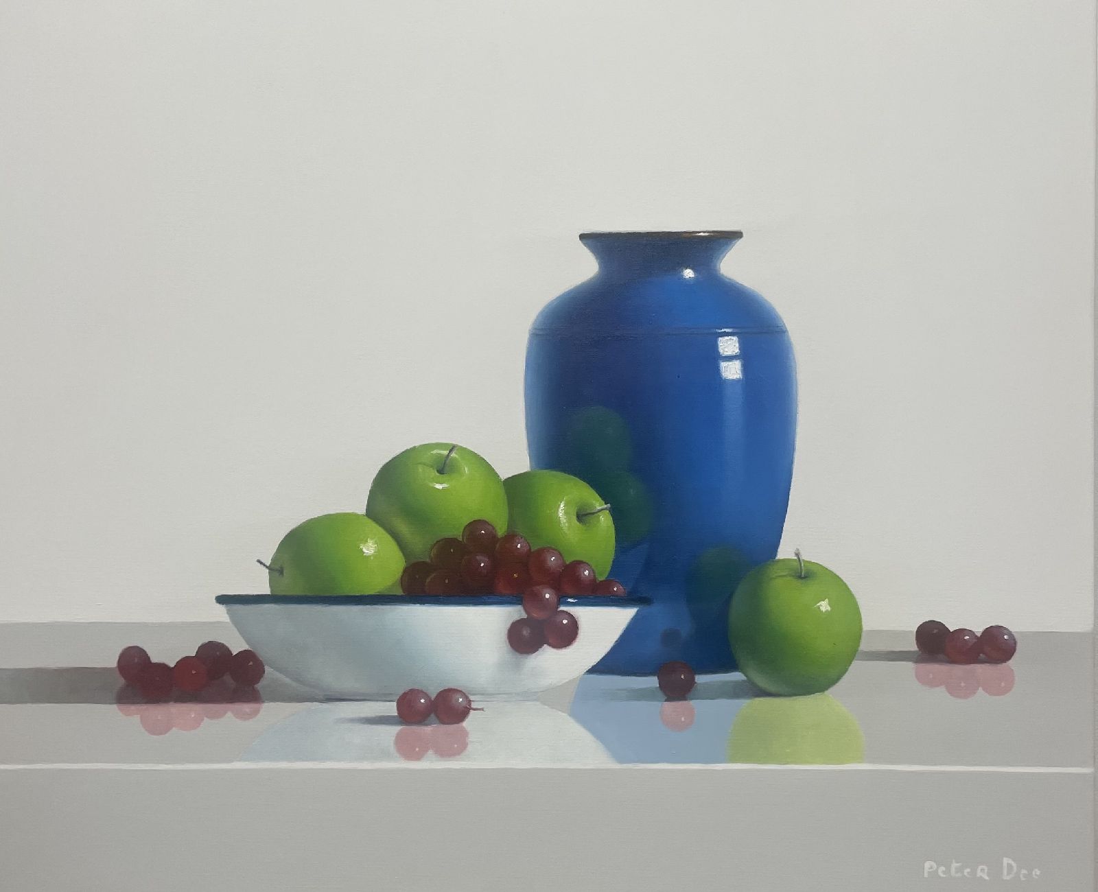Peter Dee - Blue Vase and White Bowl with Apples and Grapes