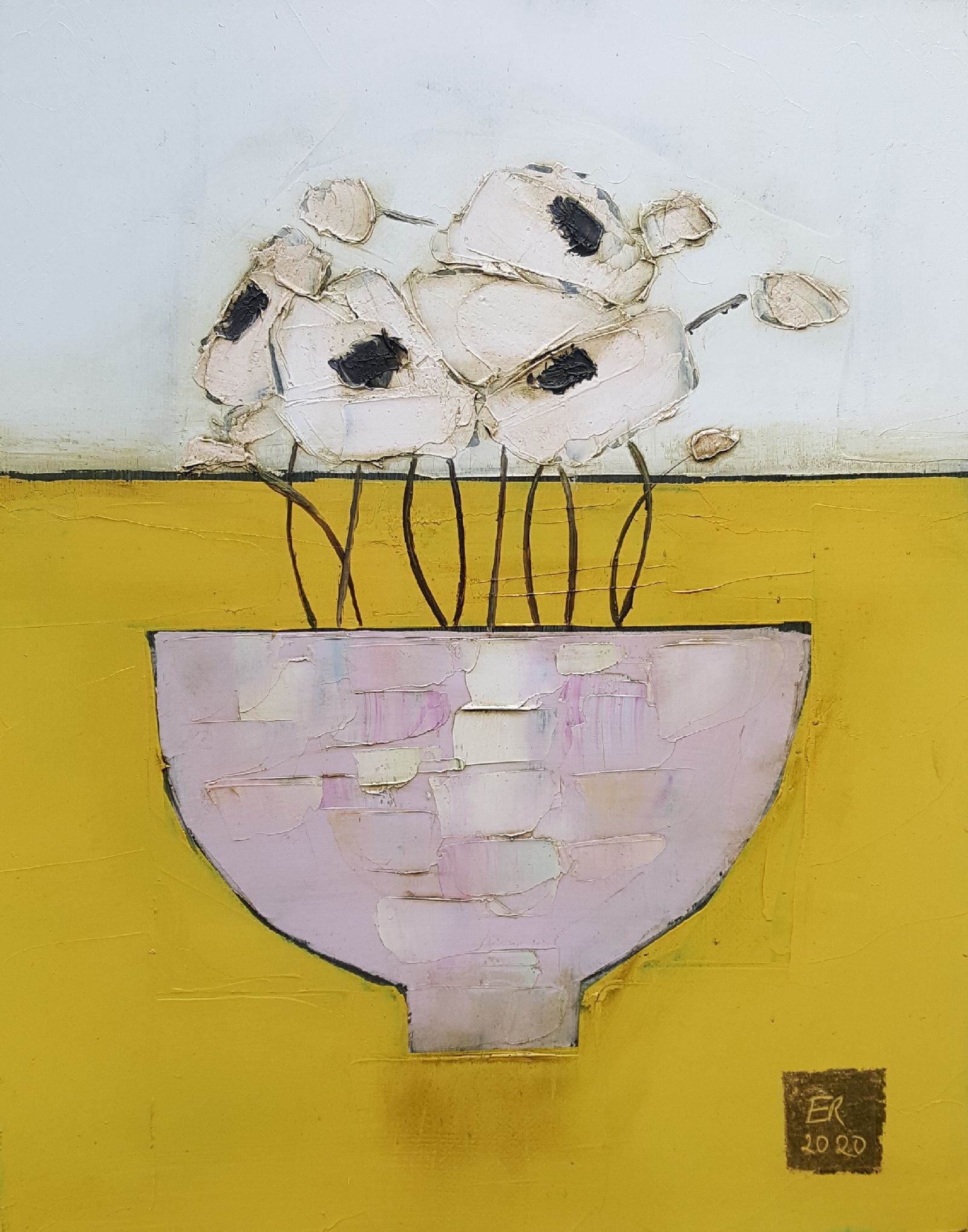 Pink bowl on mustard by Eithne  Roberts