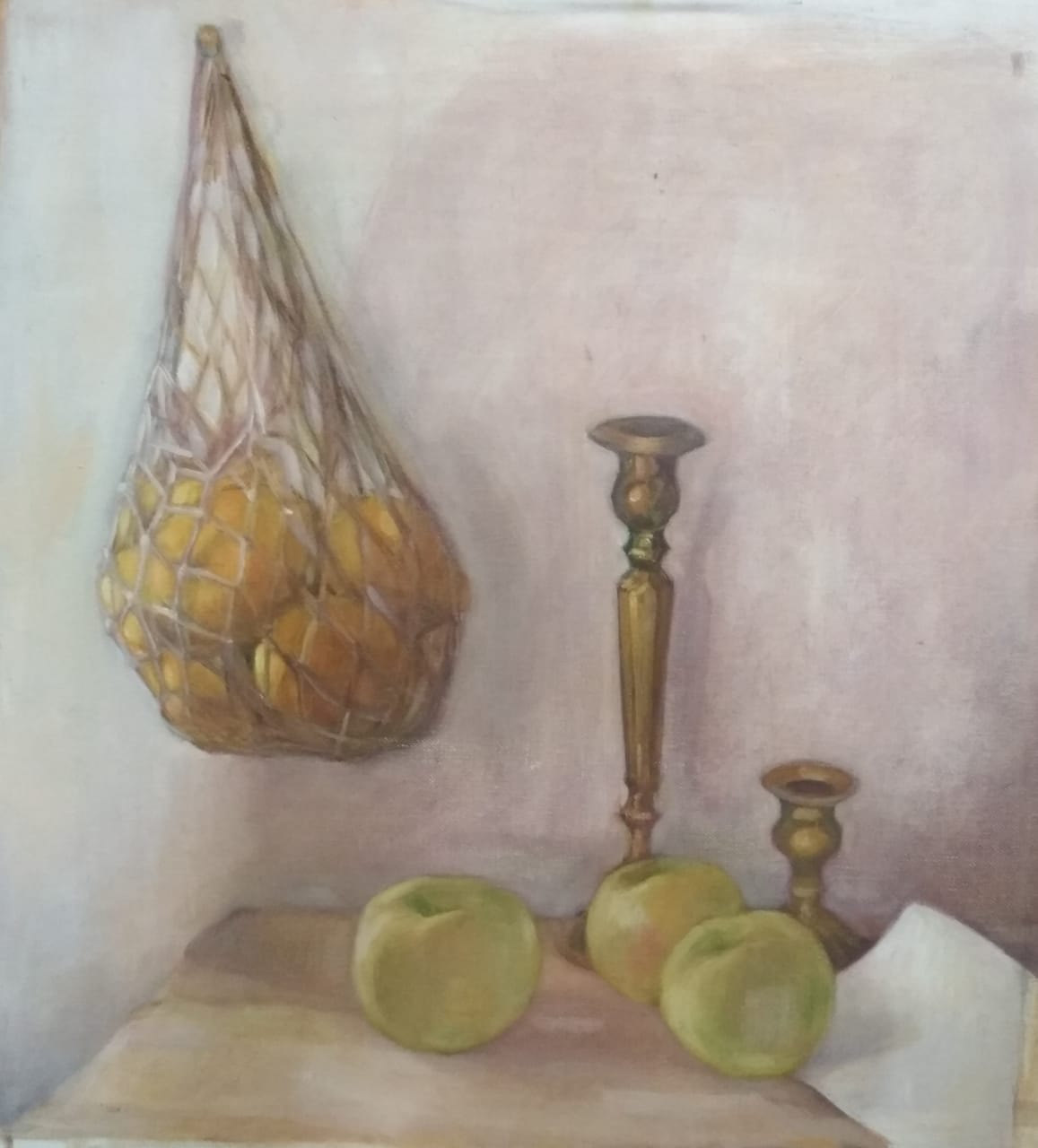 Three apples and a bag of lemons by Daphne  Petrohilos