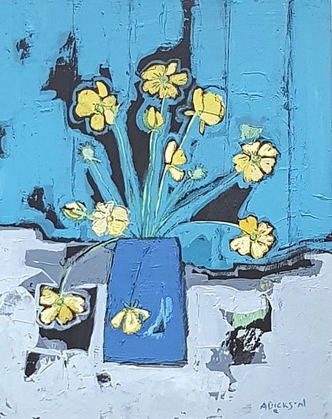 Buttercups in a blue pot  by Alison  Dickson