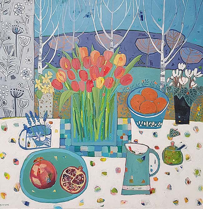 Alison  Dickson - Tulips and birch trees