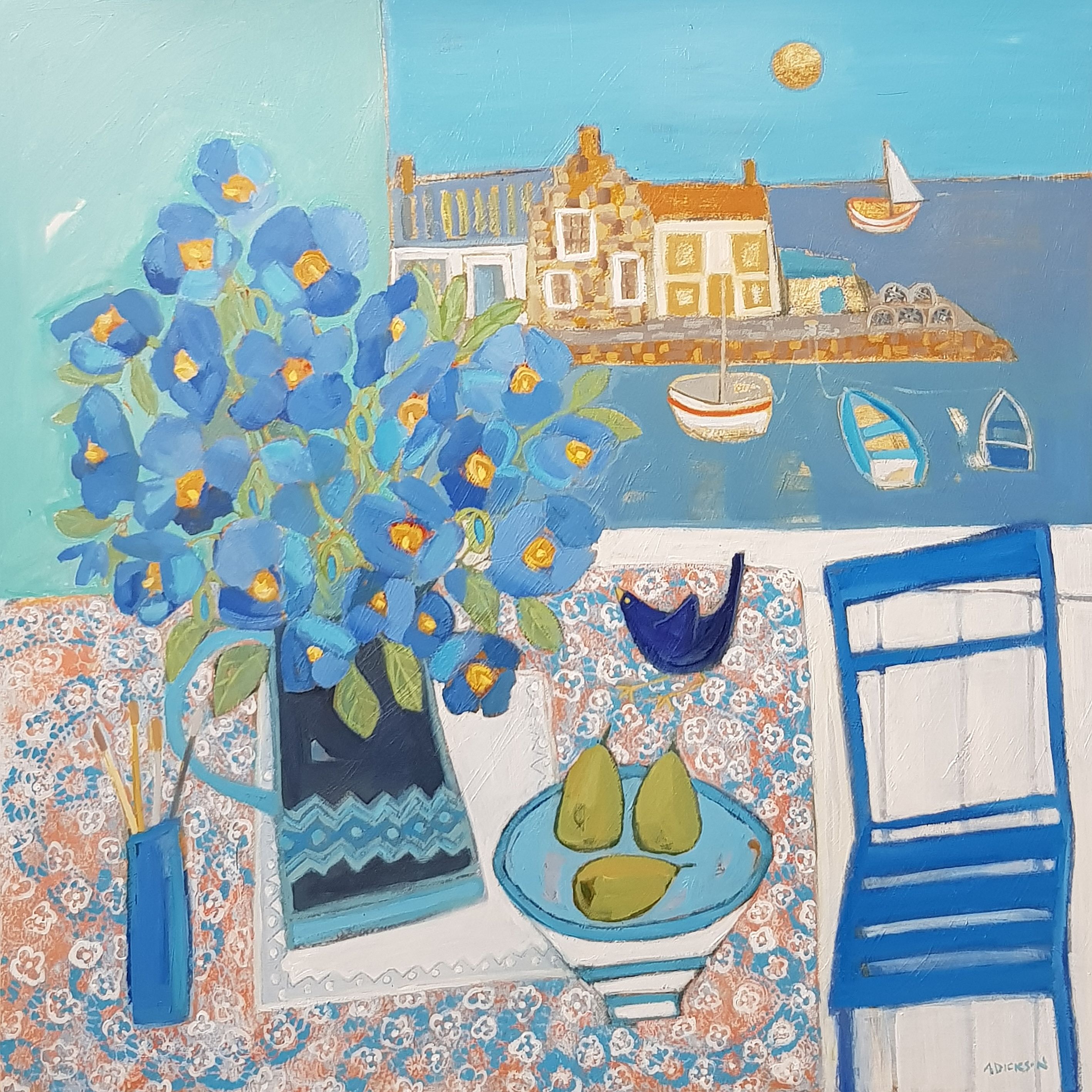 Alison  Dickson - Meconopsis, pears and a blackbird