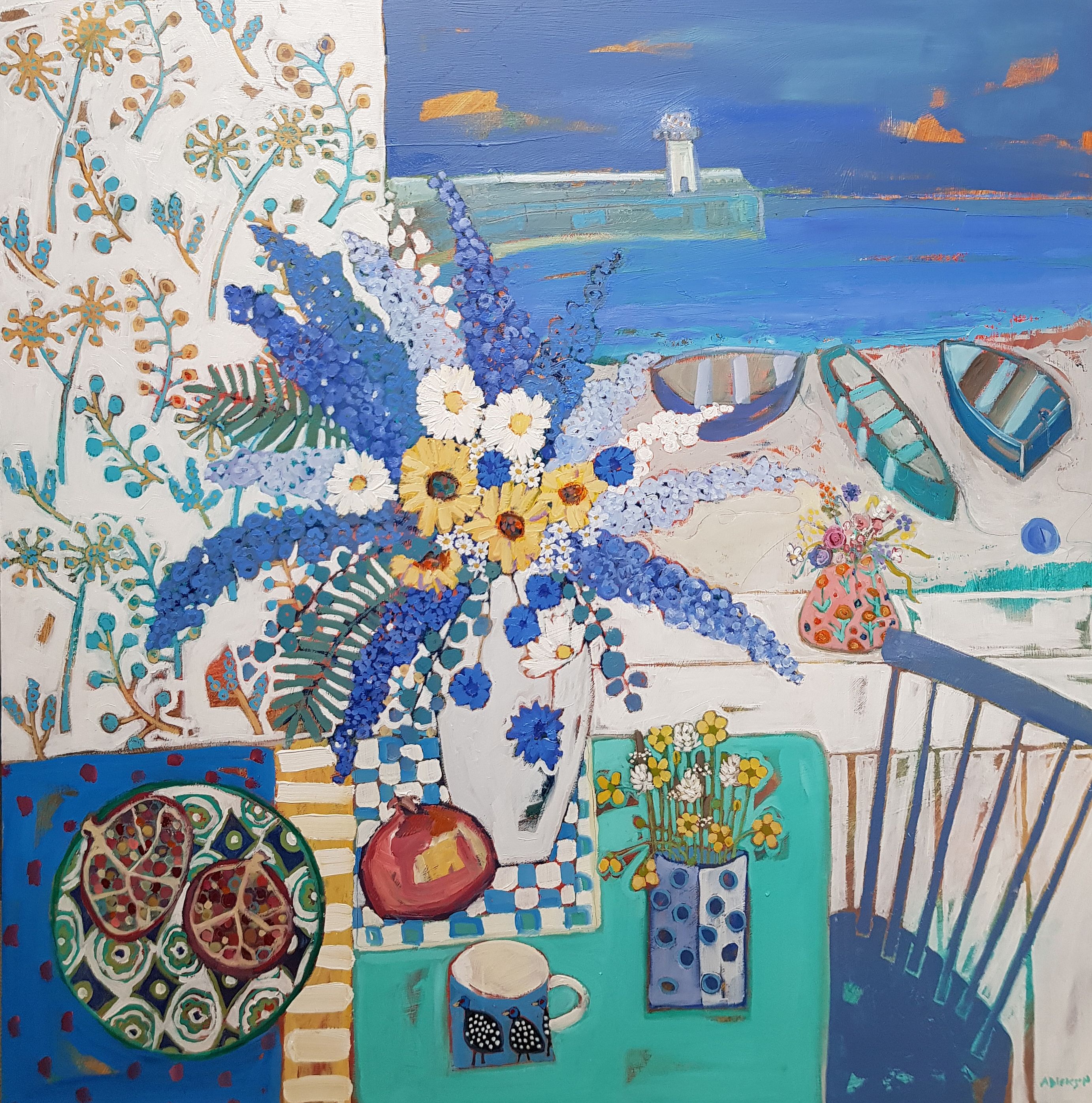 Pomegranates and summer flowers by Alison  Dickson