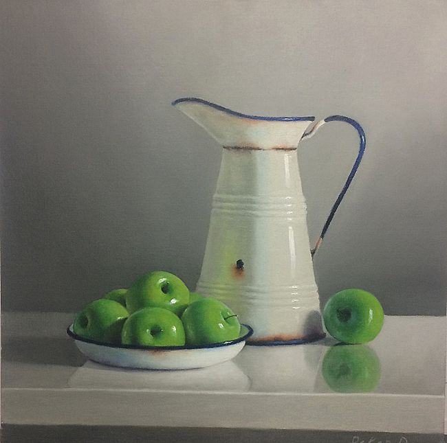 Vintage French Enamelware with green apples by Peter Dee