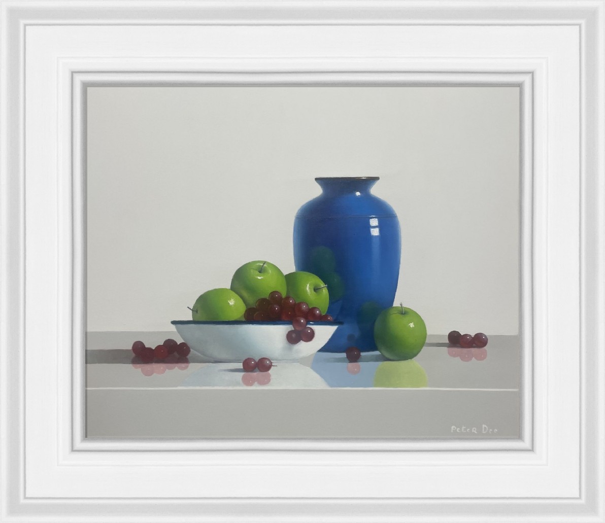 Blue Vase and White Bowl with Apples and Grapes by Peter Dee