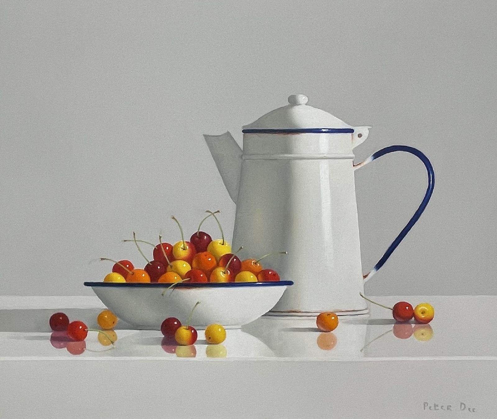 White Vintage Enamelware Coffee Pot and Bowl with Rainier Cherries by Peter Dee