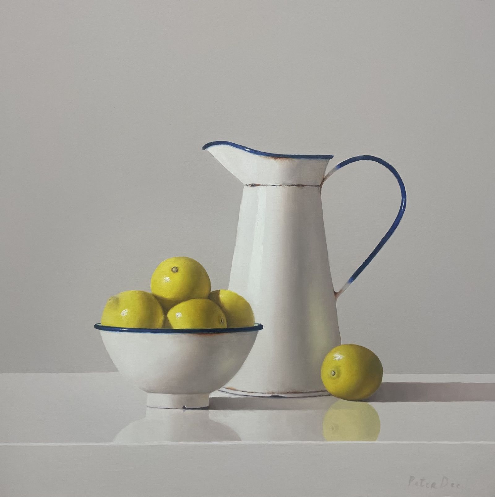 White Vintage Enamelware Pitcher and Bowl with Lemons by Peter Dee
