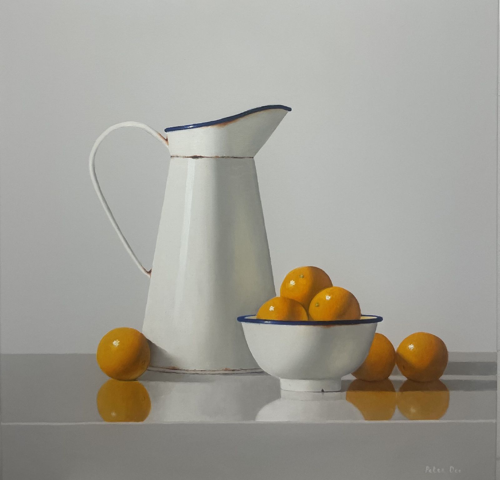 White Vintage Enamelware Pitcher and Bowl with Oranges by Peter Dee