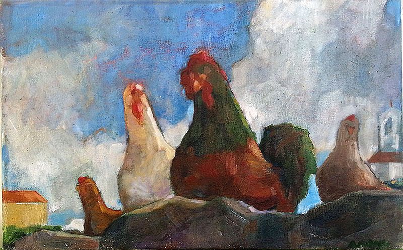 Three Hens One Rooster by Daphne  Petrohilos