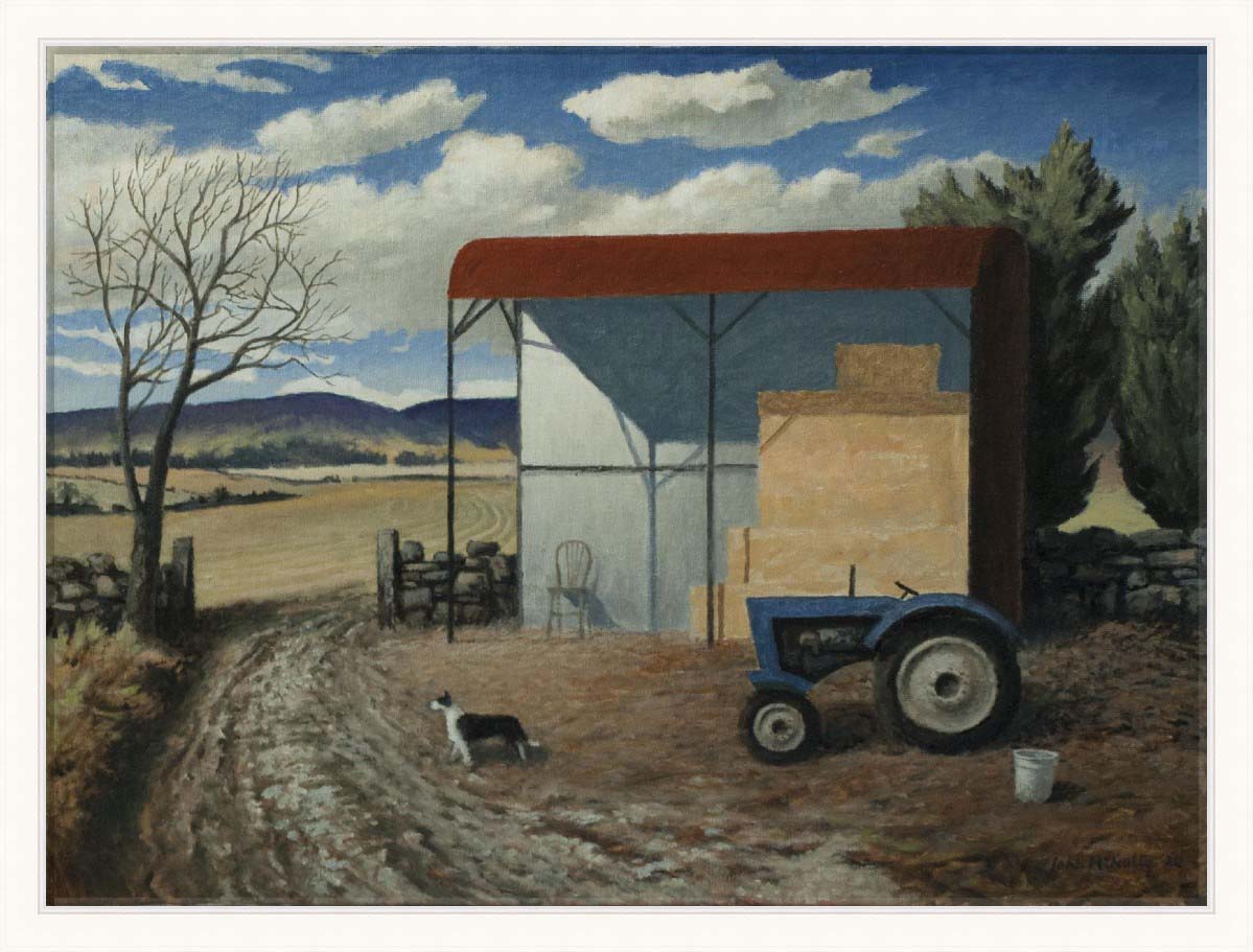 Barn, tractor and sheepdog by John  McNulty 