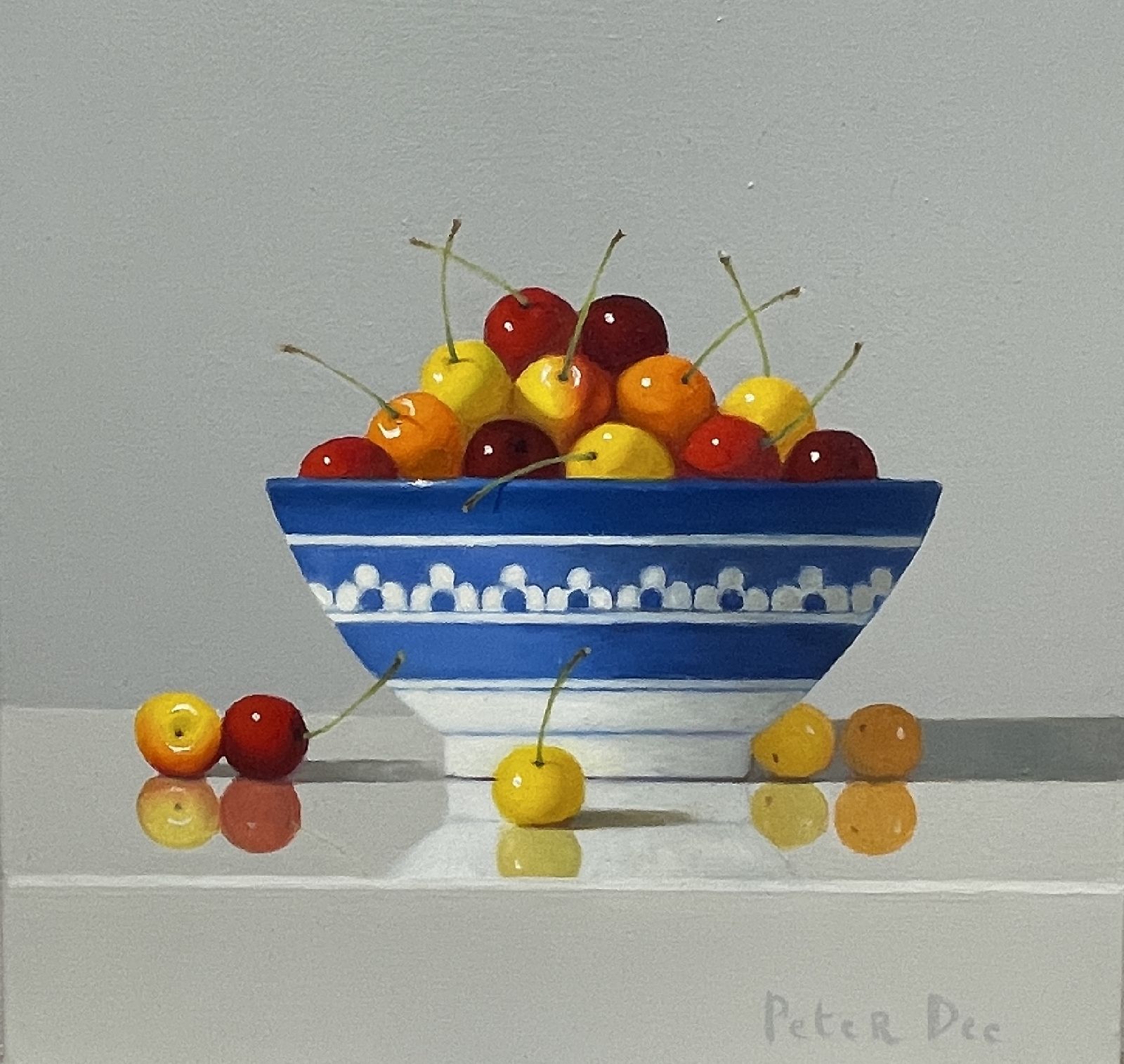Blue and White Bowl with Rainier Cherries by Peter Dee