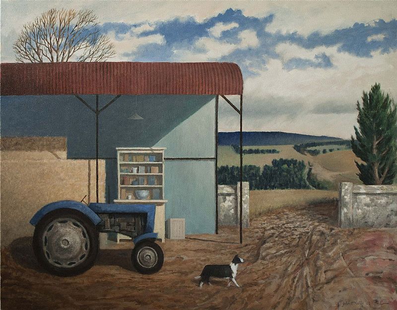 Blue tractor with sheepdog