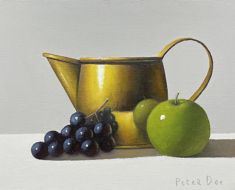 View Brass Jug with Apple and Grapes
