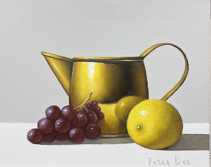 View Brass Jug with Lemon and Grapes