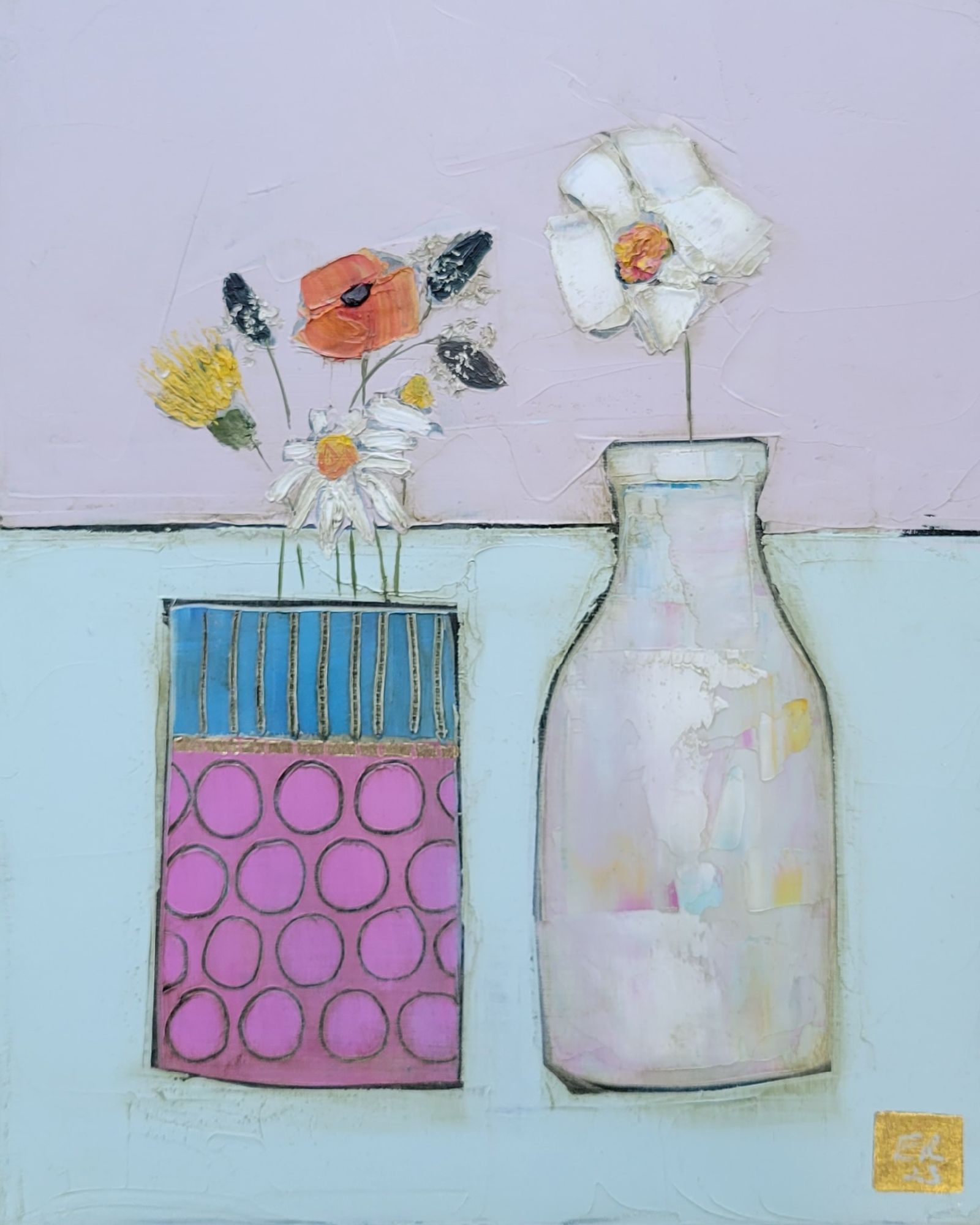 Eithne  Roberts - Dotty wildflower vase and white bottle