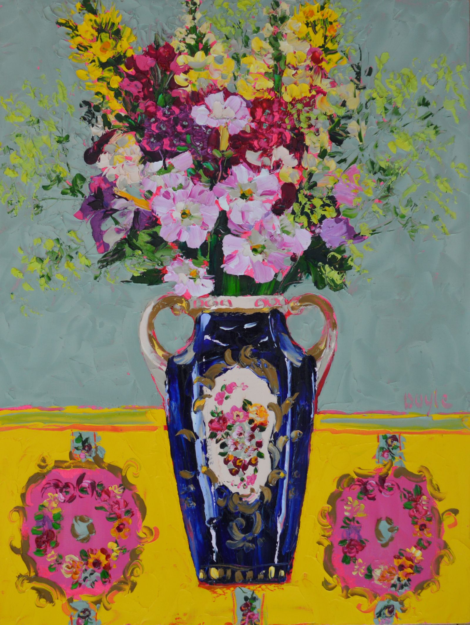 Petunias in Blue Vase by Lucy Doyle