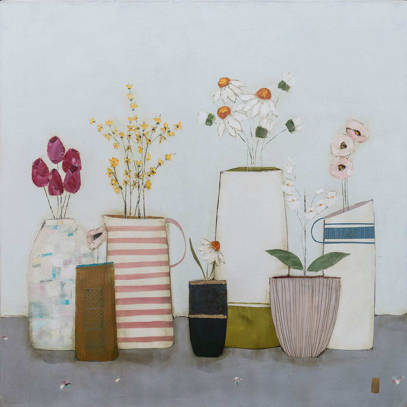 Eithne  Roberts - Pink stripes and forsythia