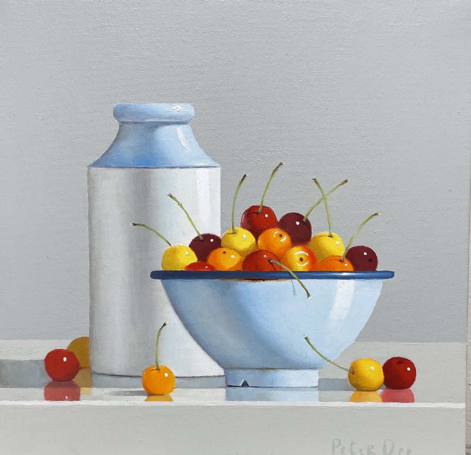 Vintage Blue Enamel Bowl with Rainier Cherries and Stoneware Bottle by Peter Dee