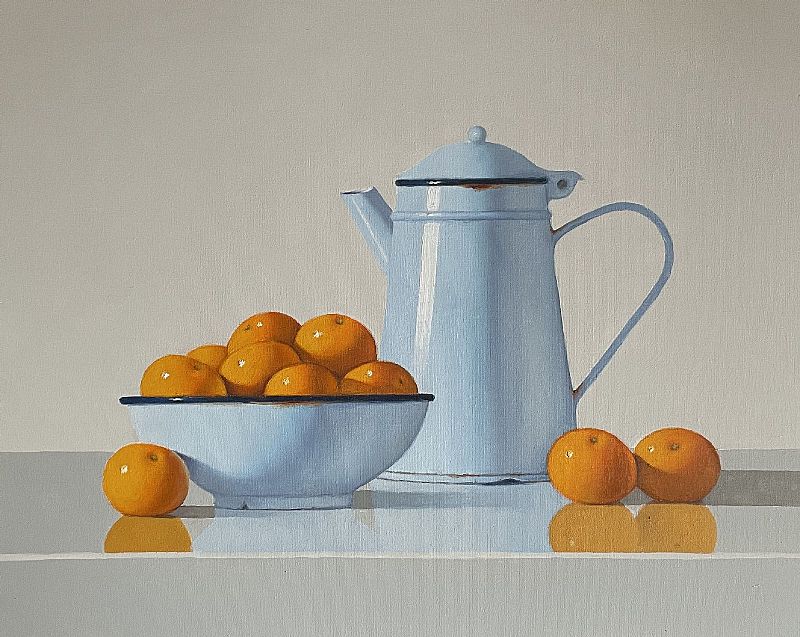 Peter Dee - Vintage Blue Pot with bowl of Satsumas